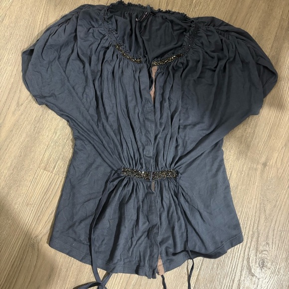 Anthropologie One September Beaded Tie Front Blouse Blue Sz Pet. Boho Fairy Y2K - Picture 9 of 14